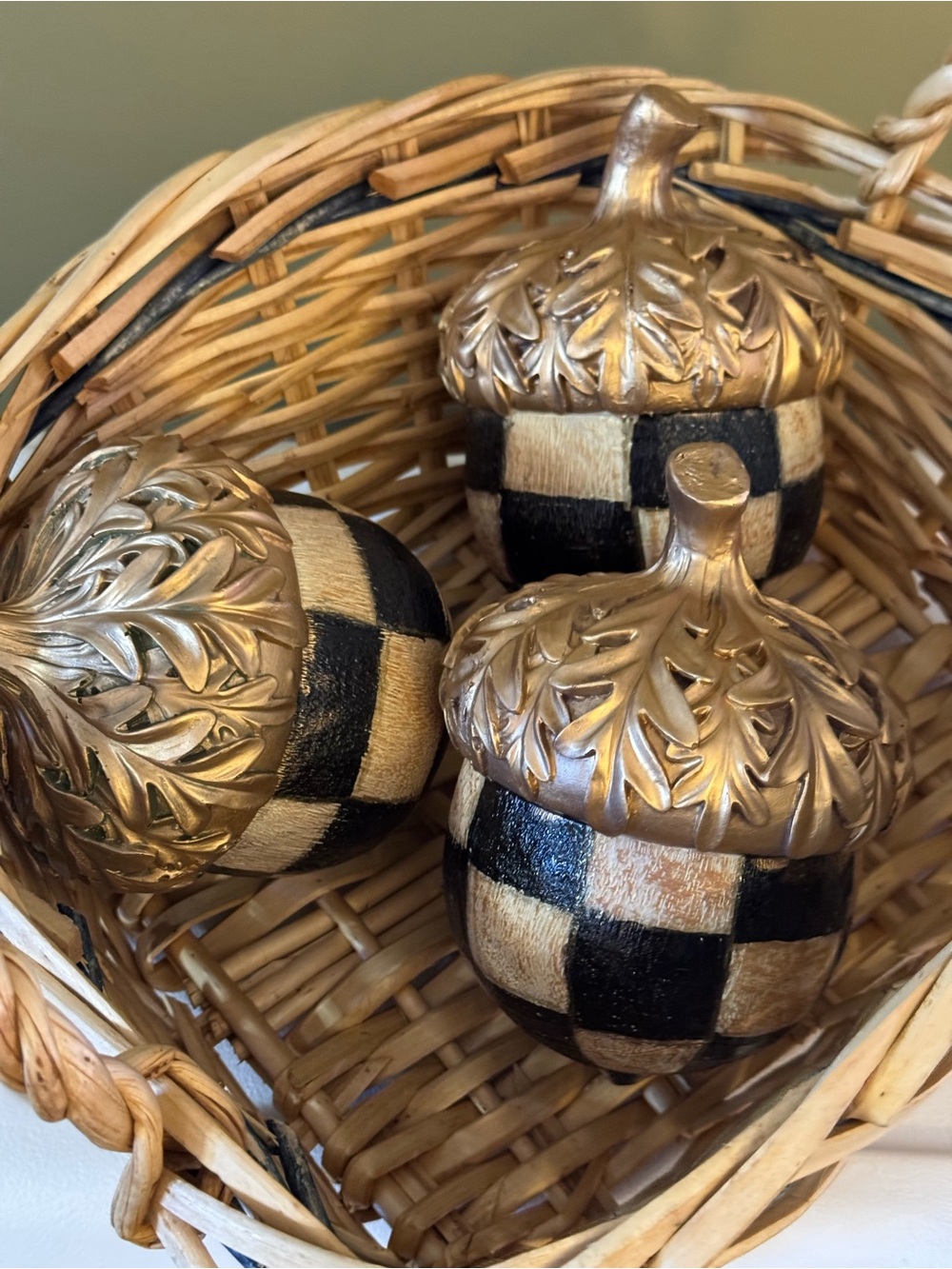 Hand-Painted Checkered Acorn Ornament - Gold & Black set of 3 - Picture 2 of 5
